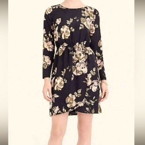 J. Crew Factory Dark Floral Long Sleeve Faux Wrap Skirt Mini Dress - Picture 2 of 16